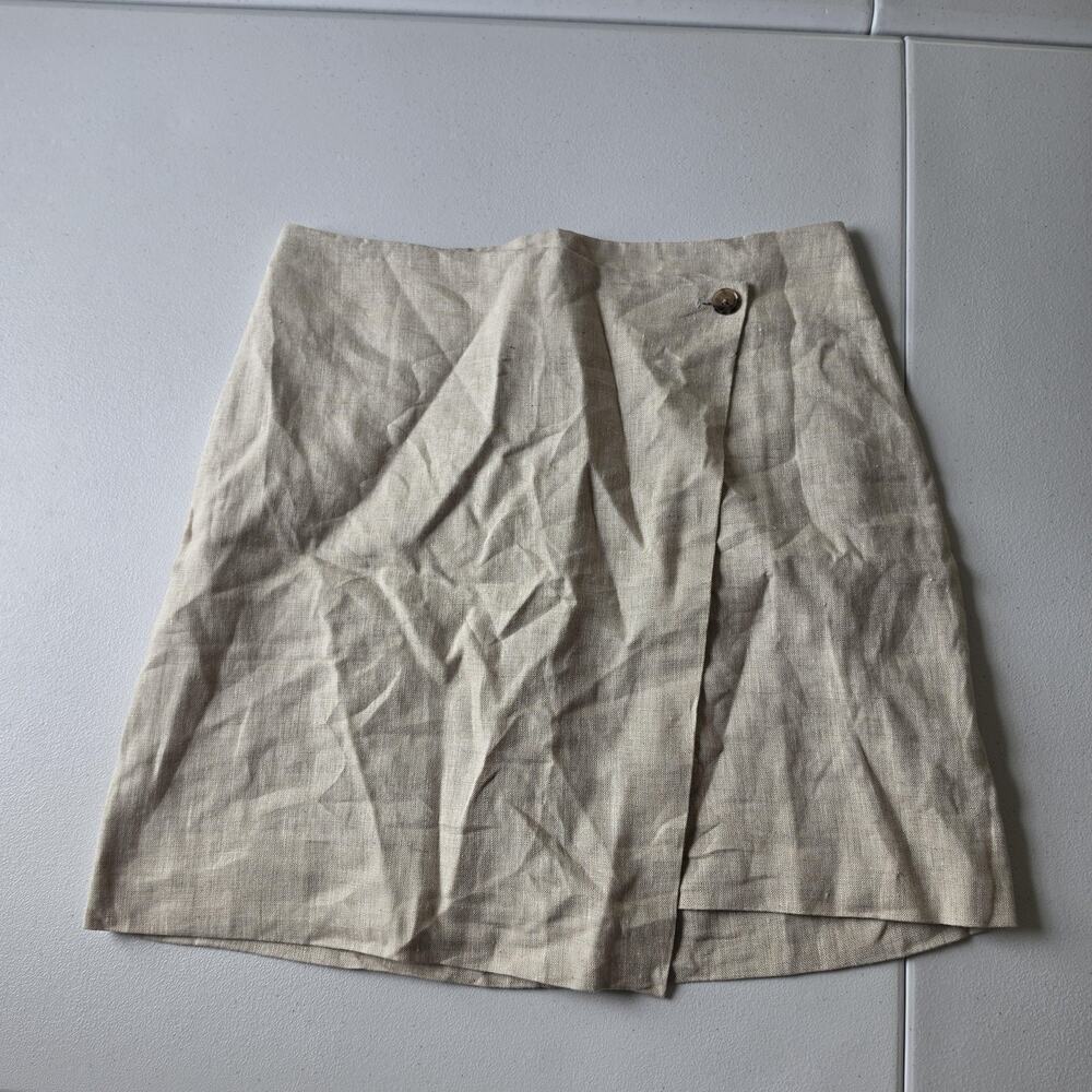 Banana Republic Skirt Womens 6 Beige Linen Mini Wrap Lined Button Summer Casual